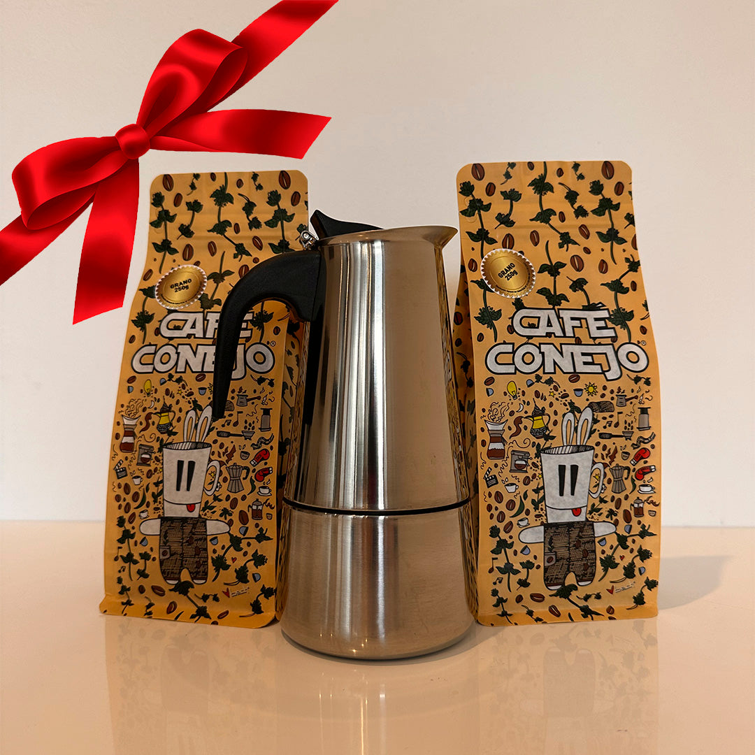 PROMOCIÓN 2X CAFÉ CONEJO GRANO + CAFETERA ITALIANA